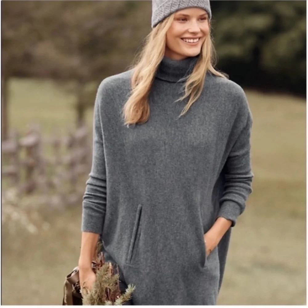 Garnet Hill Womens‎ XS Cashmere Wool Blend Turtleneck Poncho Sweater Gray Grey